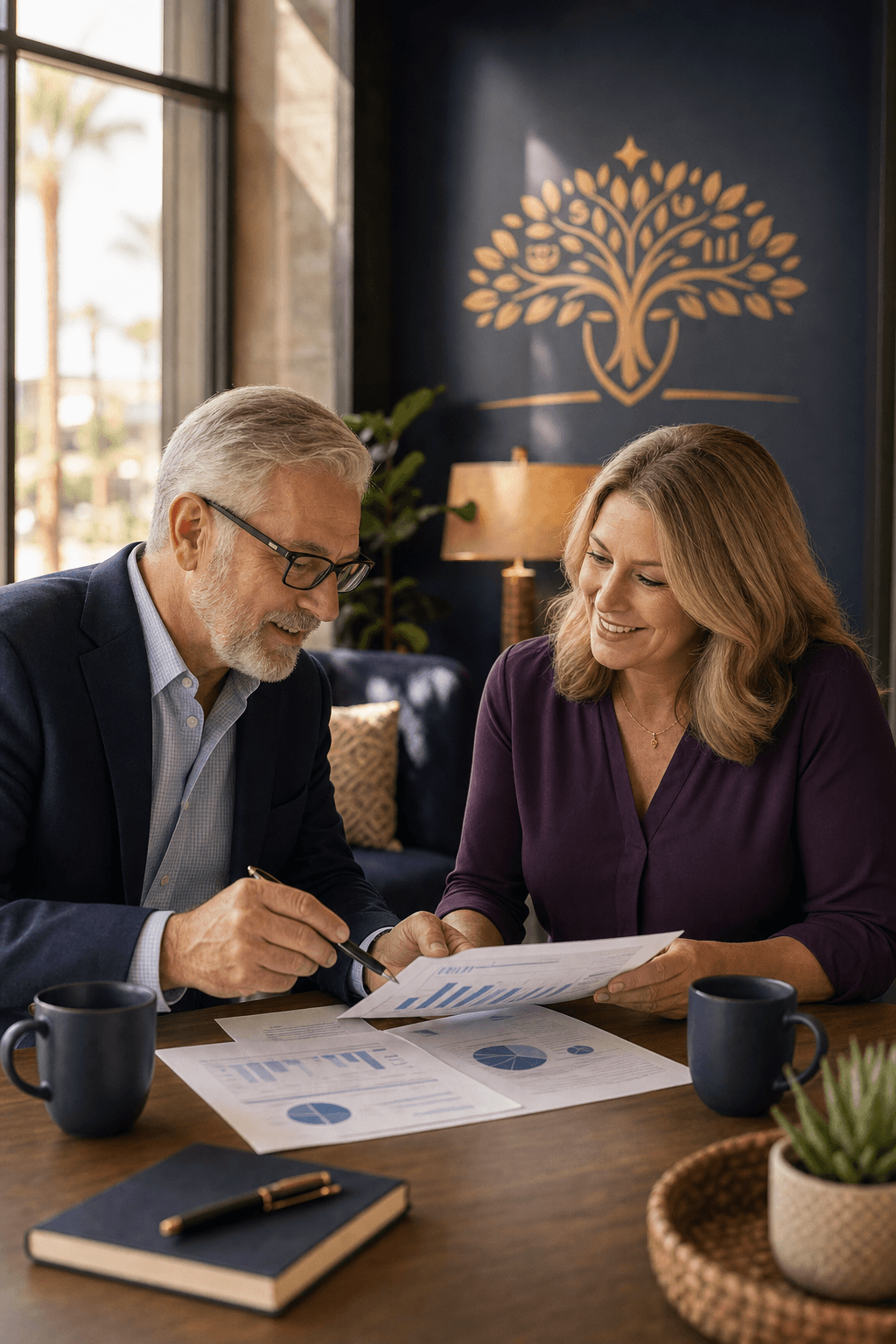 Sunlit retirement planning consultation at a desk in a Gilbert, Arizona office, two people reviewing documents together.