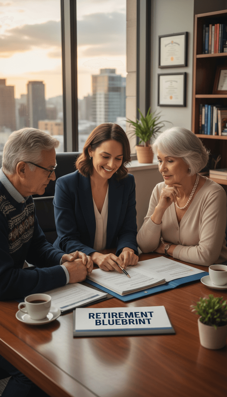Financial advisor meeting with retired couple reviewing retirement plan documents