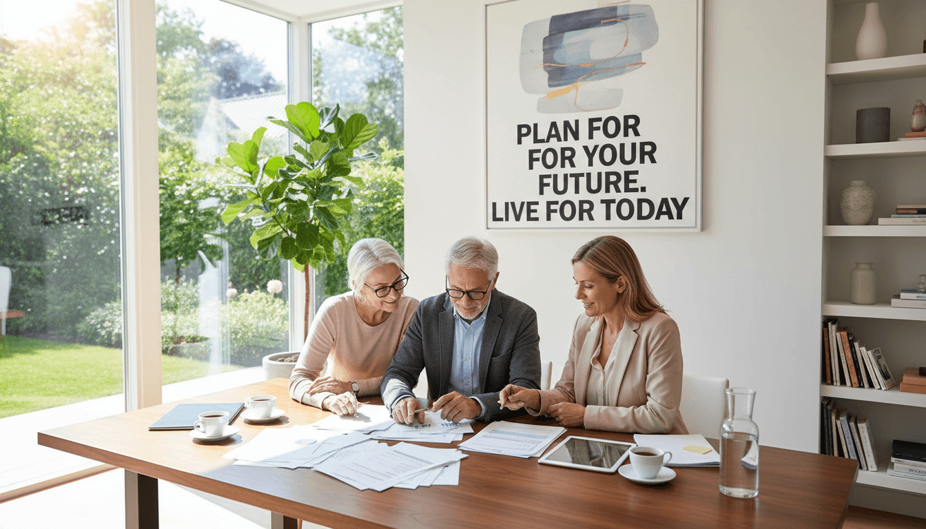 Mature couple reviewing financial documents with an advisor in a bright modern home office