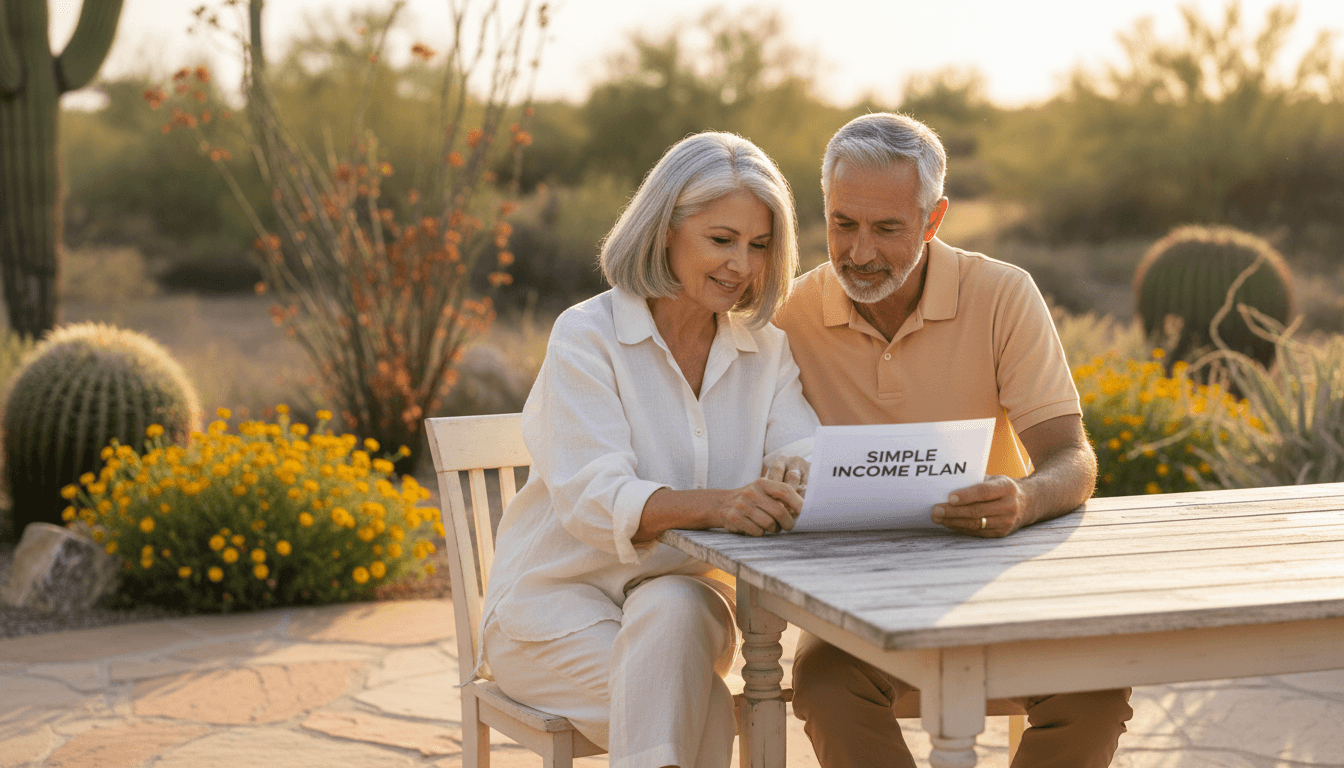 Couple in their late 60s reviewing a printed income plan on a sunlit patio