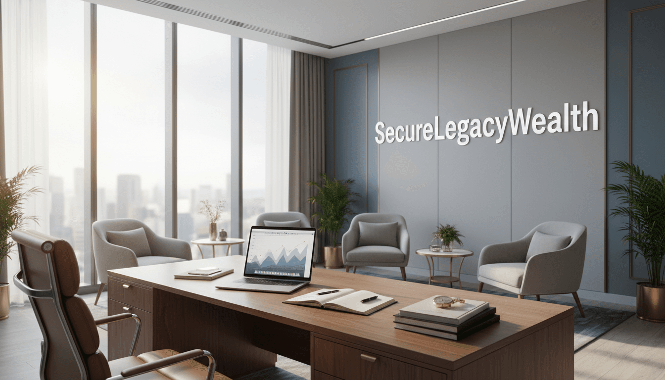 Modern financial planning office with SecureLegacyWealth banner in natural light
